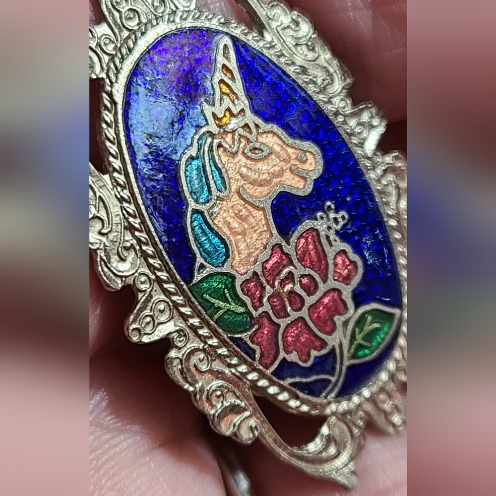 Vintage unicorn cloisonne necklace pendant flowers silver vtg estate euc - Picture 2 of 8